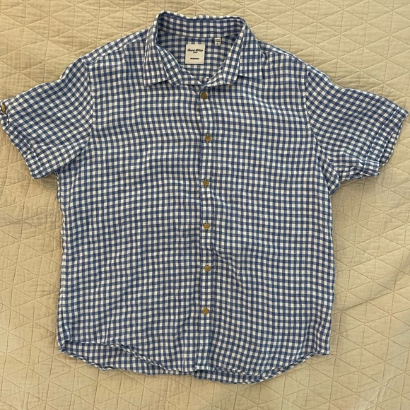 Baird McNutt Linen MURANO Short Sleeve Sport Shirt in Blue Gingham Check Size L - Picture 2 of 6